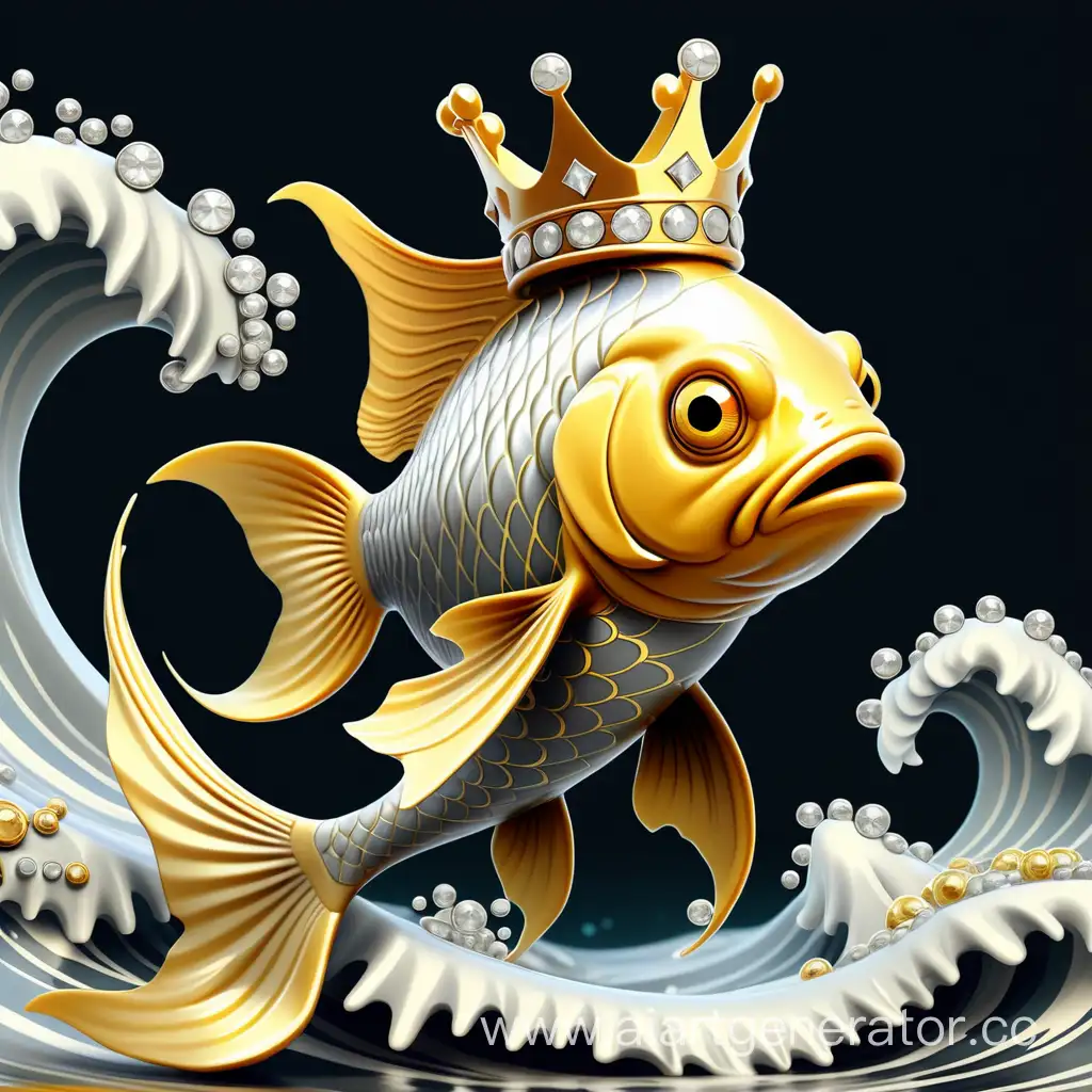 Золотая рыбка на волне. Прекрасно. Чешуя блестит, переливается серебром и золотом. На голове корона с бриллиантами. 