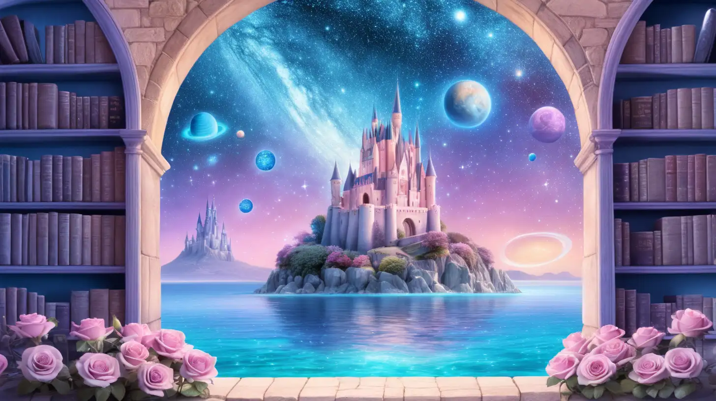 bookshelf portal showing a fairytale-magical roses trees -glowing-bright blue, pastel purple-sky blue with a castle that shows outer space astroids and garden and a bright ocean