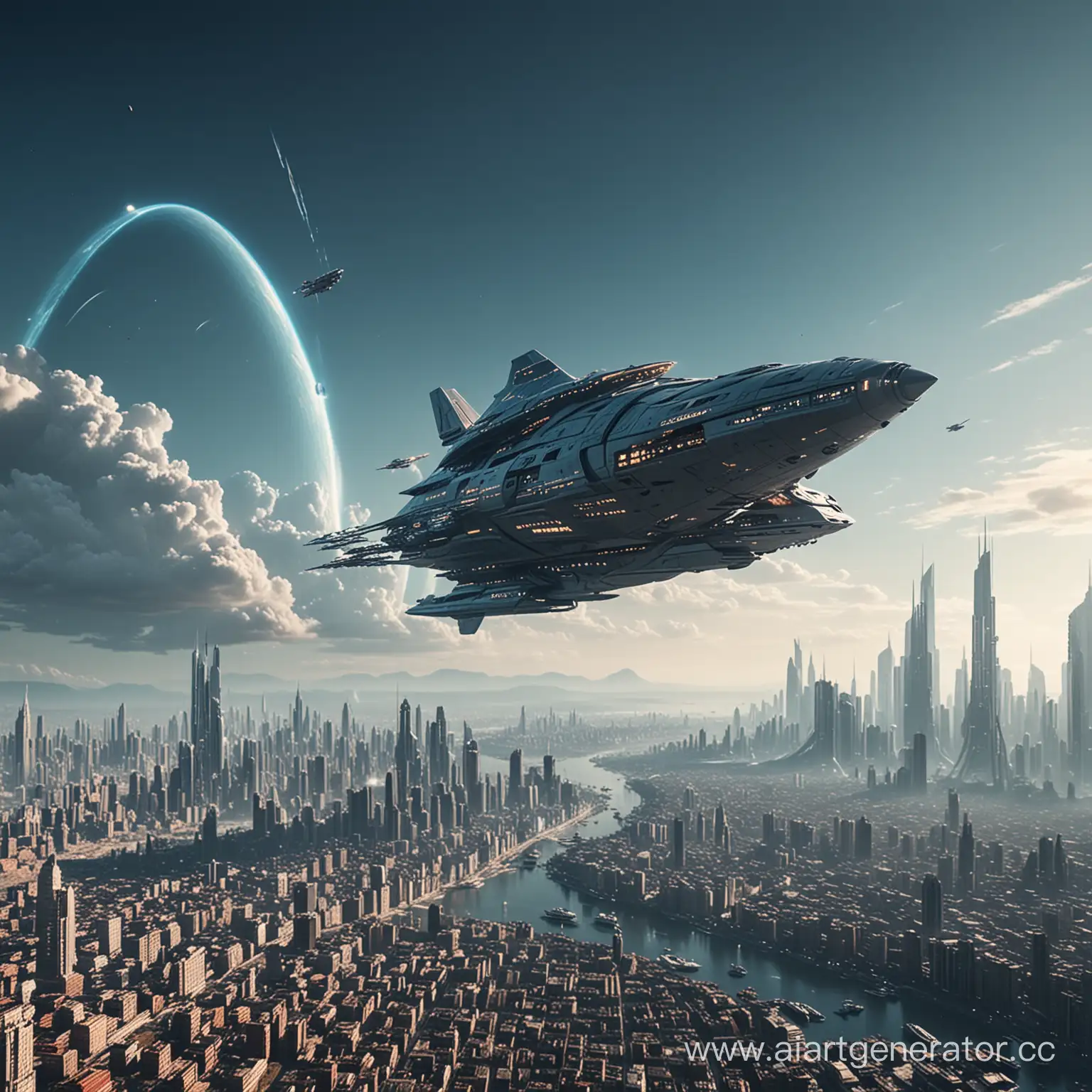 Futuristic-Cityscape-with-Giant-Spaceship-in-Serene-Ambiance