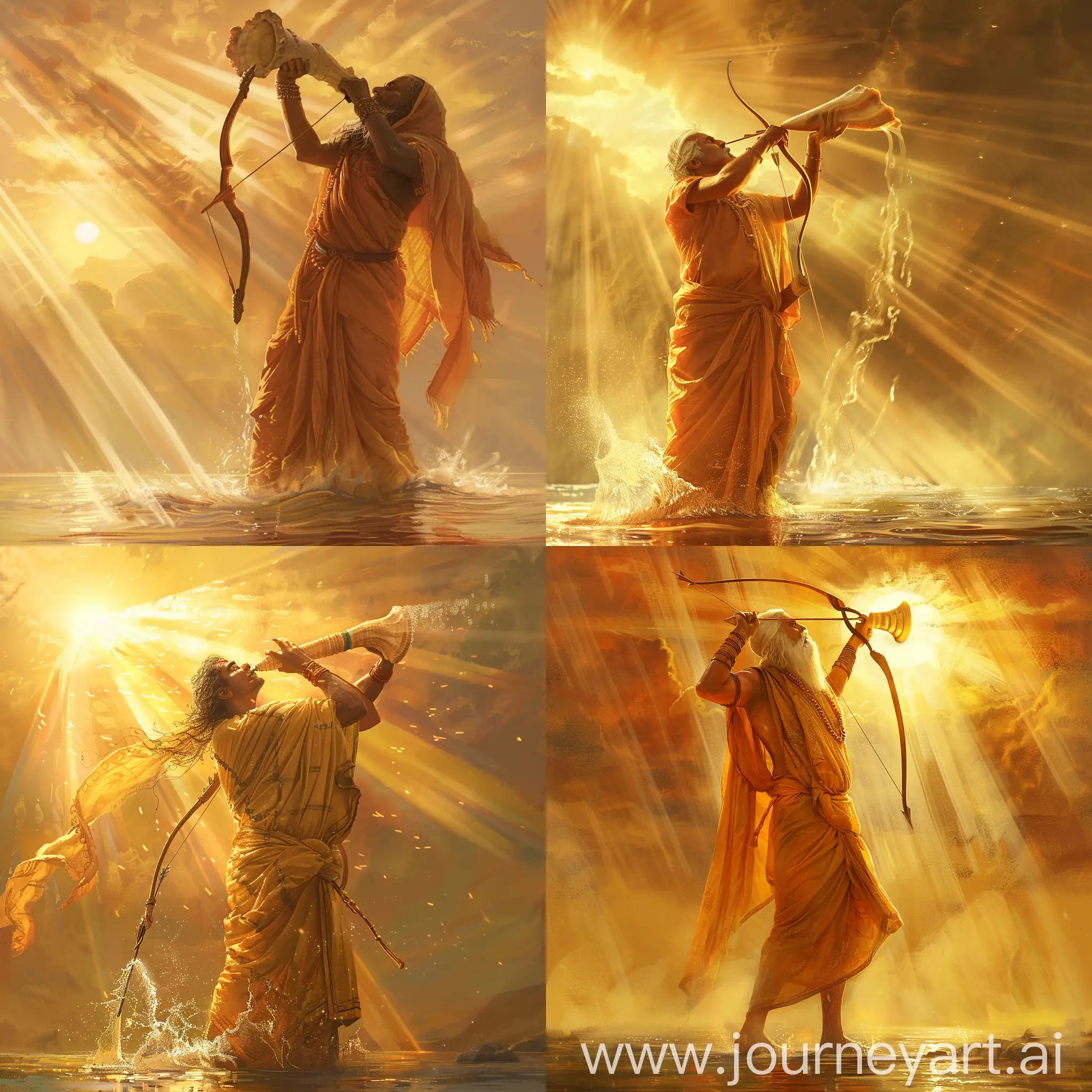 A sage in saffron robes of India blowing a conch shell towards the sky with right hand holding a bow in left hand with the rays of the sun shining behind him and the Ganges water touching his feet. I want prompt