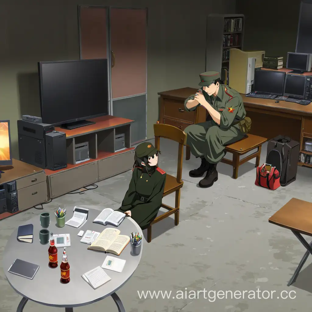 Аниме военный, фуражка ССР, сидит на стуле, рядом стол, на столе компьютеры
