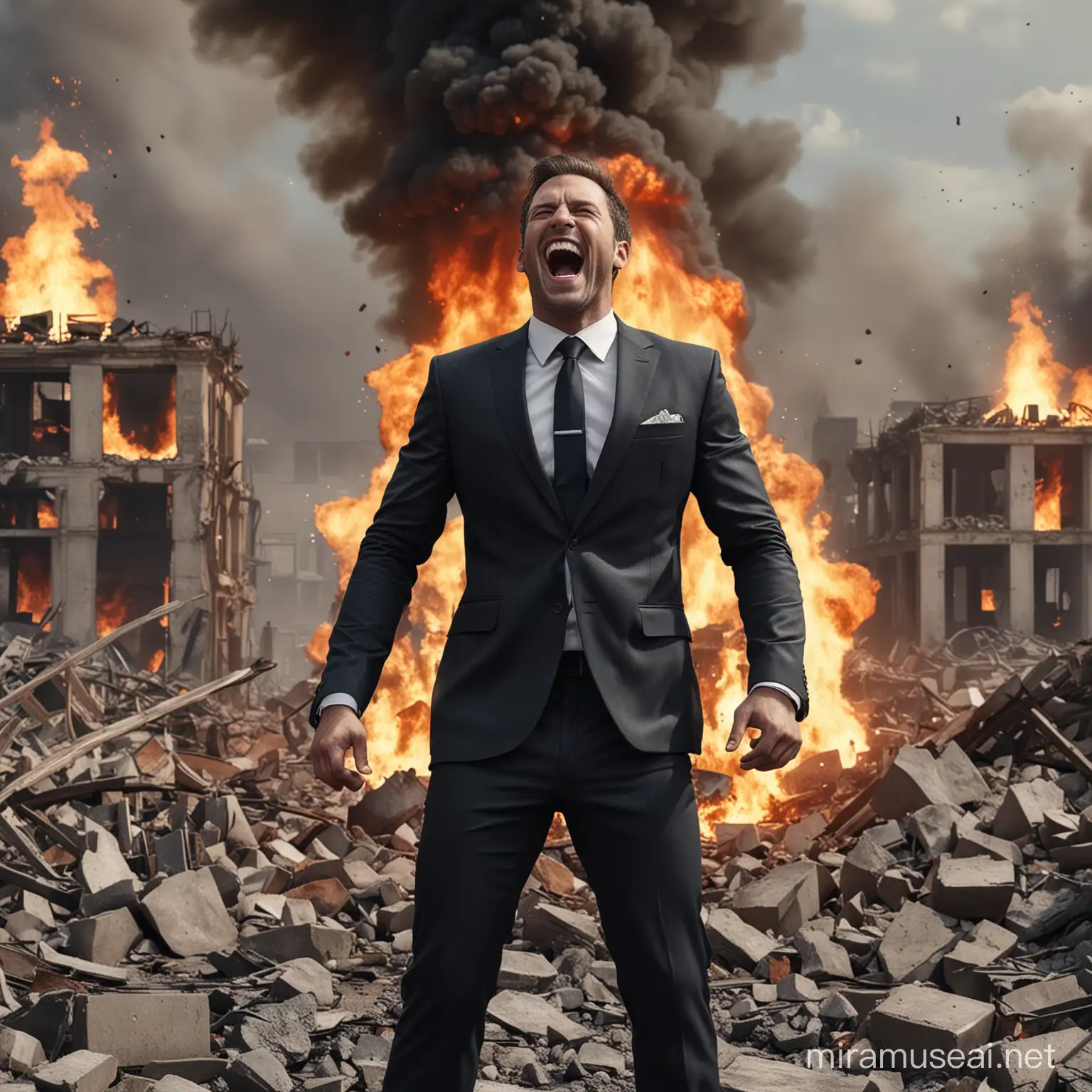 Man in suit standing in burning rubble and laughing, photorealistic

