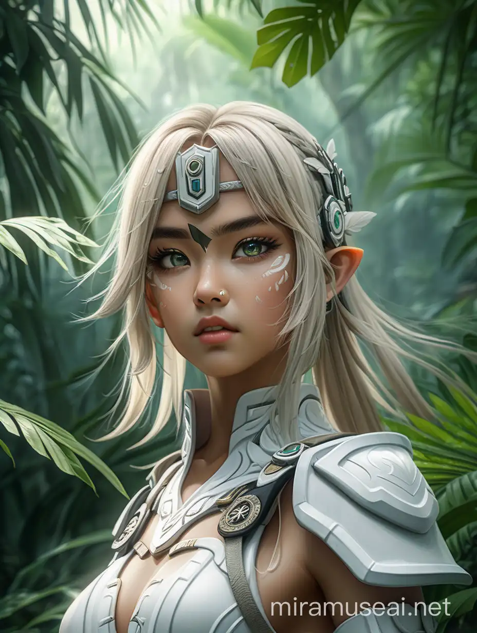 (cinematic lighting), An anime beautiful girl warrior immersed in the lush and mysterious landscapes of a Vietnam jungle. Envision her clad in practical yet elegant white warrior attire, Her eyes reflect a mix of determination and vigilance, showcasing her readiness for any challenge that may arise in the dense foliage, wet clothes, full body photo, angle from below, intricate details, detailed face, detailed eyes, hyper realistic photography,--v 5, unreal engine