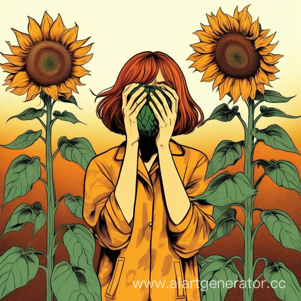 Girl-with-Bob-Hairstyle-Holding-Sunflower-Surrounded-by-Sunflowers-in-Warm-Comic-Drawing