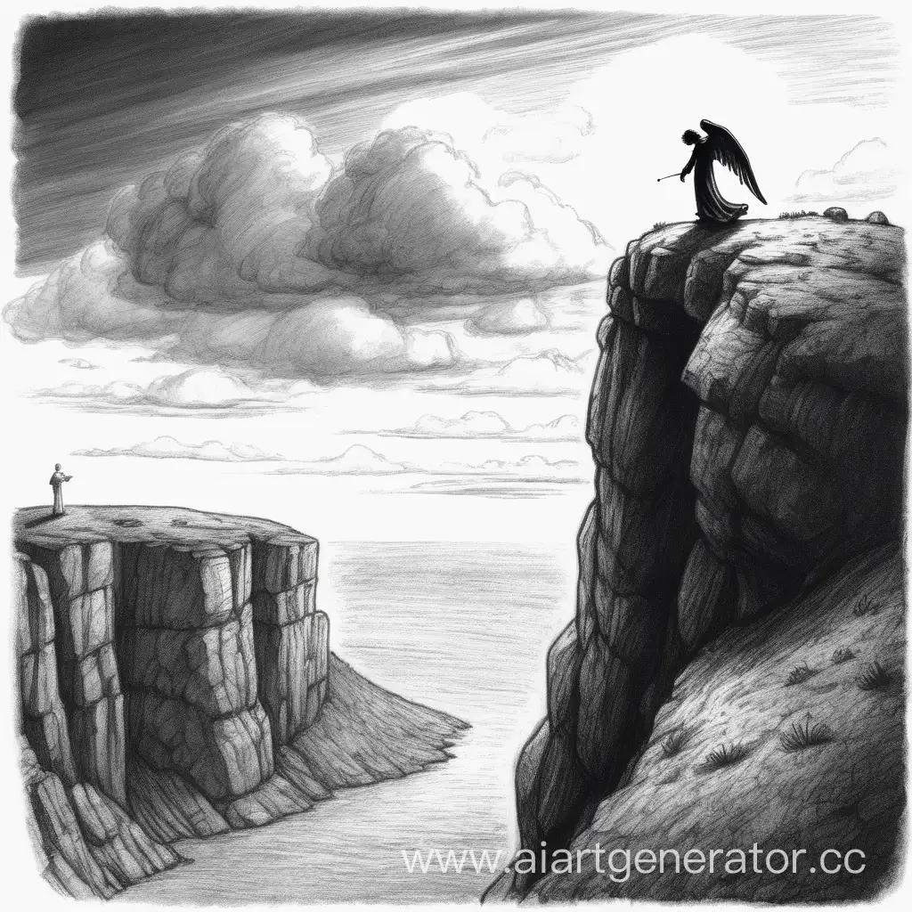 draw a sketch for a t-shirt: an image of a lonely angel standing on the edge of a cliff, with a dark cloud overhead and a shadow cast on the ground.