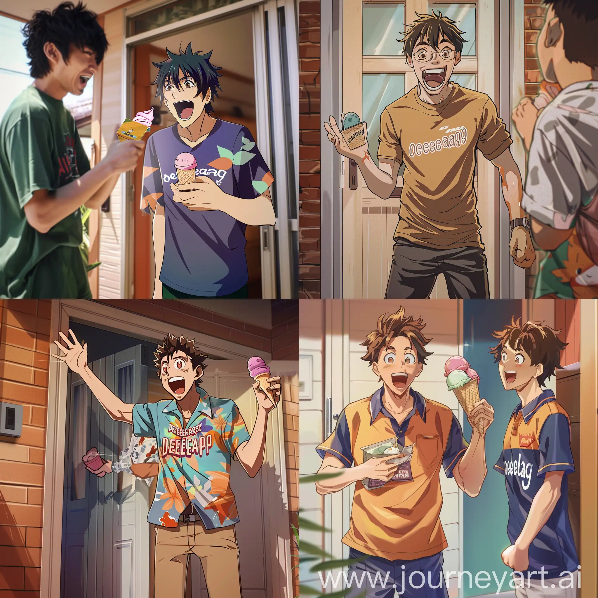 a photo anime style of an excited mangetting an ice cream from a delivery person at the doorstep with a shirt with the text "develeap" on it

