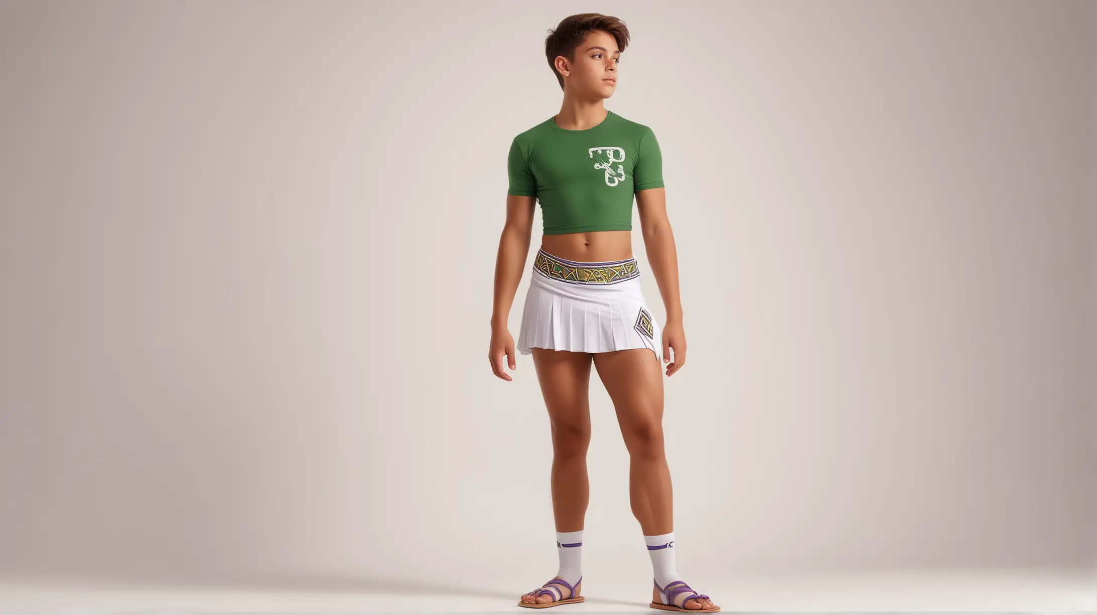 no background, photo realistic, white background, cute tanned  boyish 18-year old boy, wearing short micro-miniskirt, cropped lycra skintight muscle t-shirt, with Greek lambda symbol, Greek sandals, purple and green color scheme