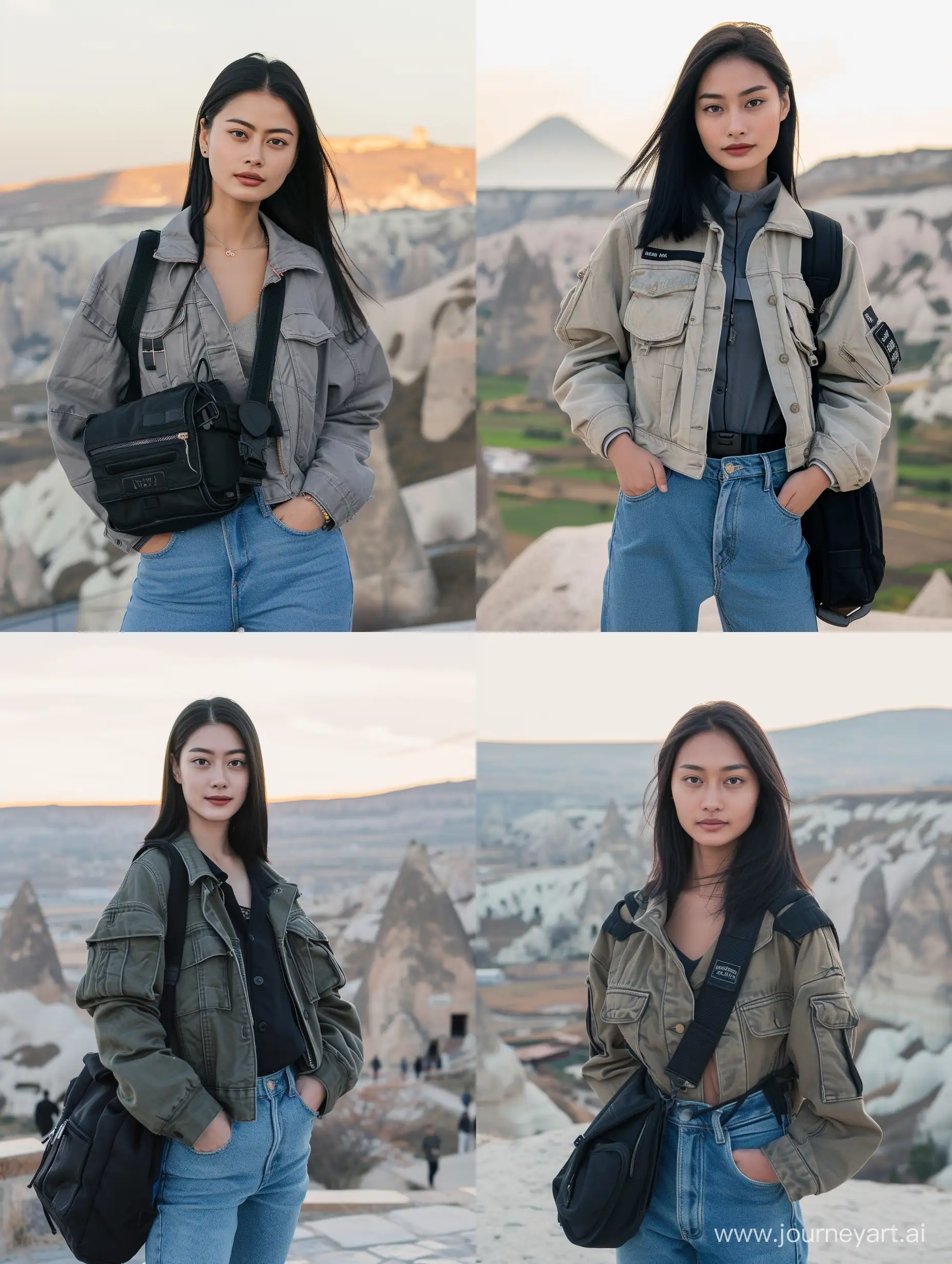 Beautiful Indonesian Javanese woman (25 years old, oval and clean face, ideal body, straight and neat black hair, jeans, Indonesian skin, wearing a trucker jacket and black bag, standing pose, photographic style front photo, visible face, view of Cappadocia behind her, ultra HD bright atmosphere, real photo, high detail, ultra sharp, 18mm lens, realistic, photography, leica camera
