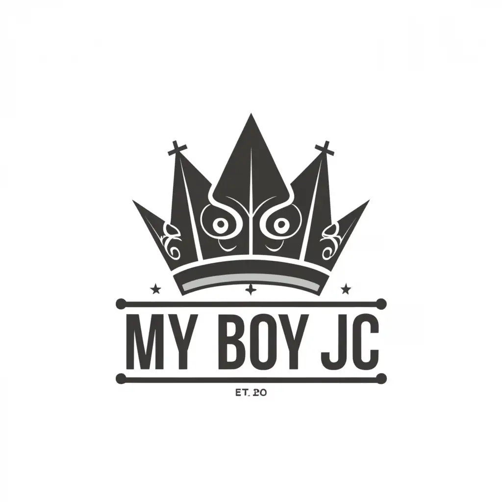 a logo design,with the text 'MY BOY JC', main symbol:crown palisado with 7 spikes, one cross ontop,complex,be used in Religious industry,clear background