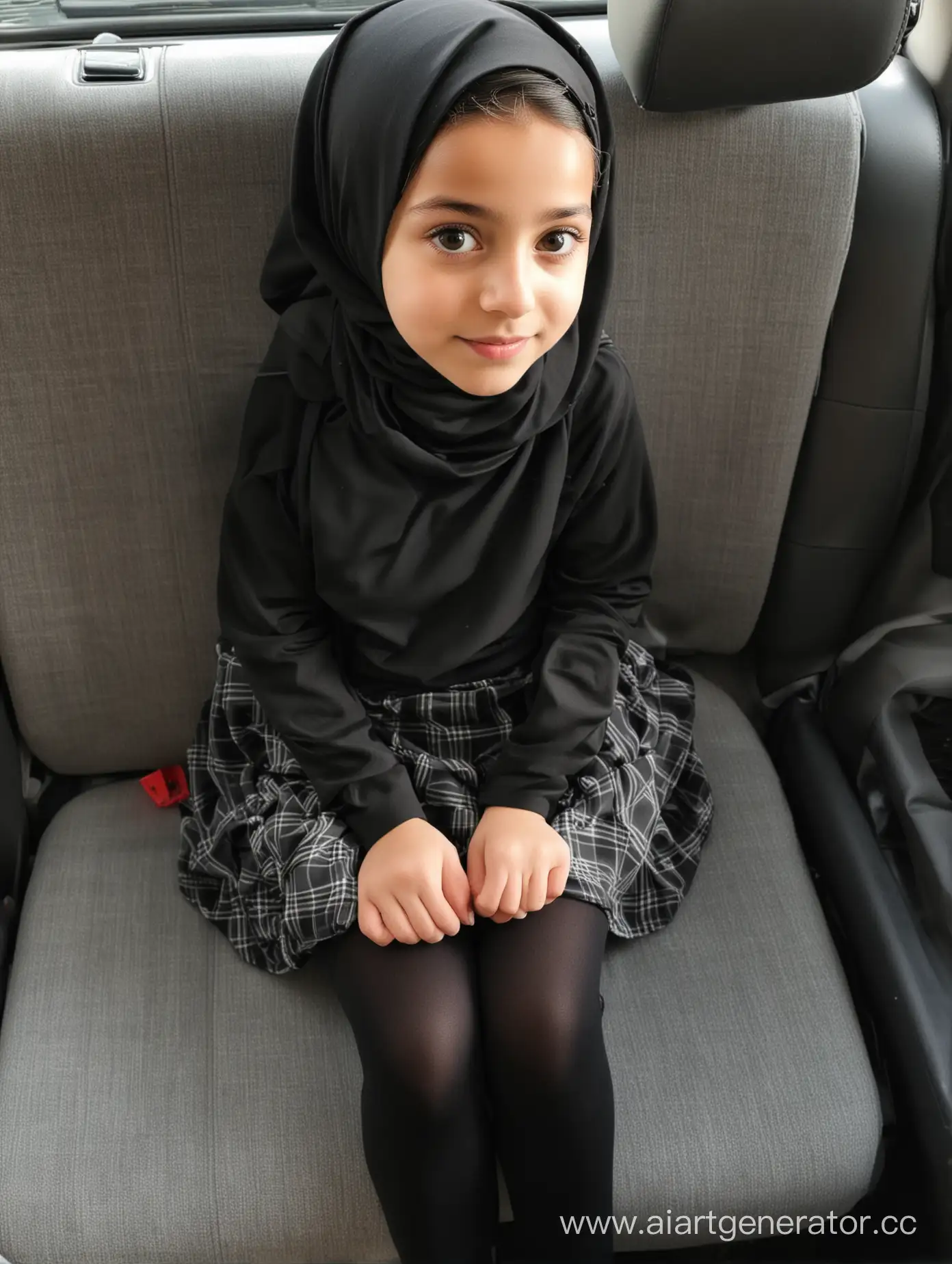 A little girl, 12 years old, hijab, mini school skirt, black opaque tights, sits on the car seat , from above, from top