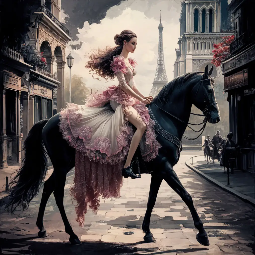 a composition that are both lifelike and psychologically charged, bold brush strokes, using light and shadow to add depth and drama, a beautifully dressed woman riding a horse through Paris, pink details 