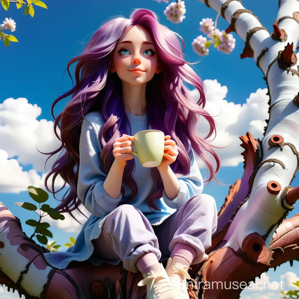 A beautiful girl with long purple hair sits on top of a thick tree and drinks coffee from a small beautiful cup, spring, beautiful blue sky, white clouds and warm sunshine
