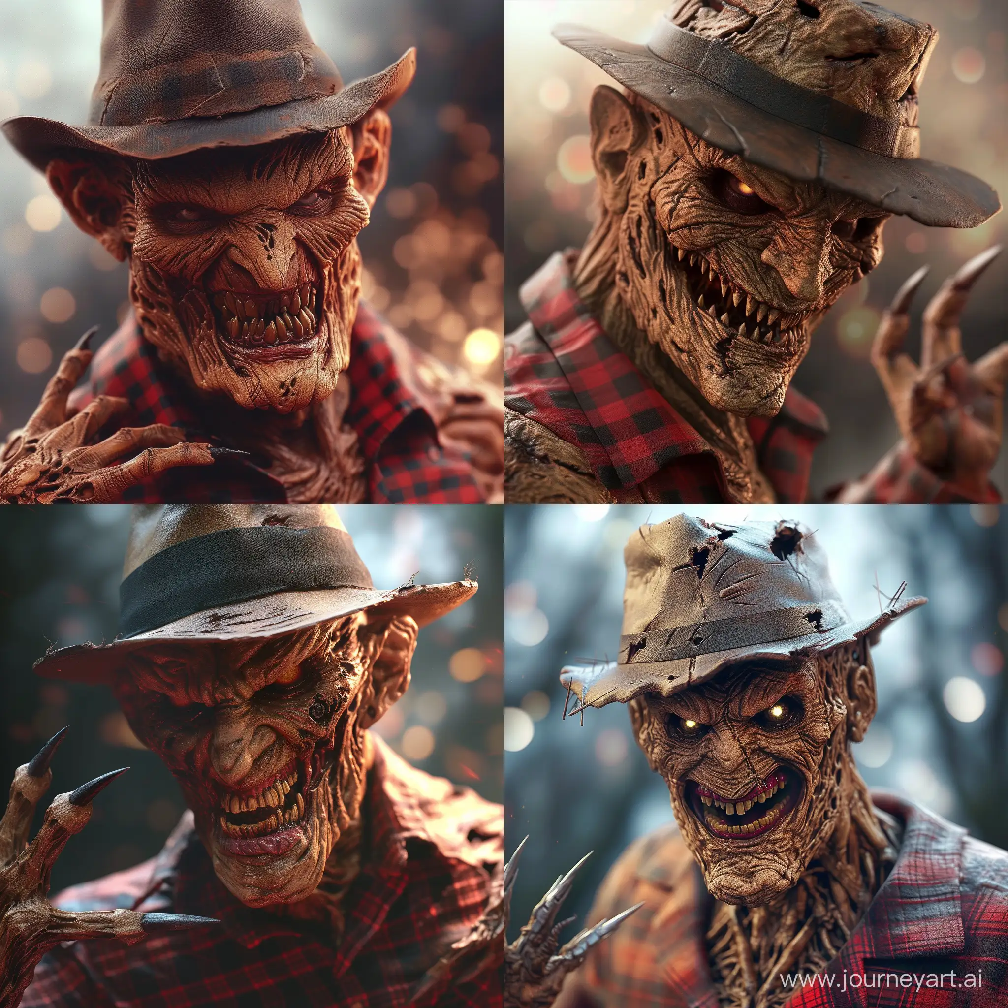 realistic freddy krueger a very detailed and gruesome appearance reminiscent of a monster or demonic figure.

Notable features include:

Face: The face has a leathery, wrinkled texture with a prominent, unsettling grin full of sharp teeth. The eyes are deeply set with a menacing glow, and the overall expression is one of malevolence.

Headwear: The character is wearing a hat, which looks worn and tattered, contributing to the overall eerie and possibly ancient vibe of the character.

Attire: Partially visible is what seems to be a red, plaid pattern on the character's clothing, though it is difficult to discern much about the attire due to the close-up nature of the image.

Skin Texture and Color: The skin is a dark, mottled brown, giving the impression of either a rough, bark-like surface or decayed flesh.

Pose and Gestures: The character's pose is aggressive or defensive, with what appears to be clawed hands raised and possibly coming towards the viewer.

Backdrop: The background is blurred with hints of light, possibly suggesting motion or a chaotic environment, which adds to the intense and potentially dangerous aura of the character.

Overall, the image is highly detailed, conveying a sense of horror and fantasy, and would not be out of place as a character in a dark-themed video game, movie, or illustration for a book. --v 6