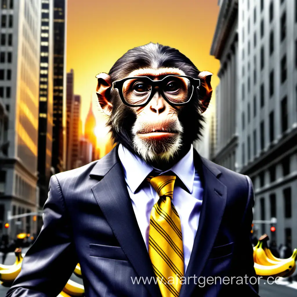 обезьяна инвестирует евро бананы в пиджаке на вол стрит в очках закат крутая обезьяна