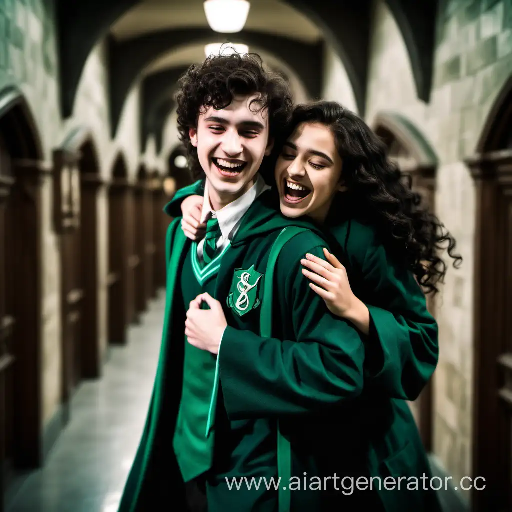a young beautiful attractive girl with dark hair in the shape of Slytherin in the hallway of Hogwarts hits a young guy with dark curly hair on the shoulder, laughing