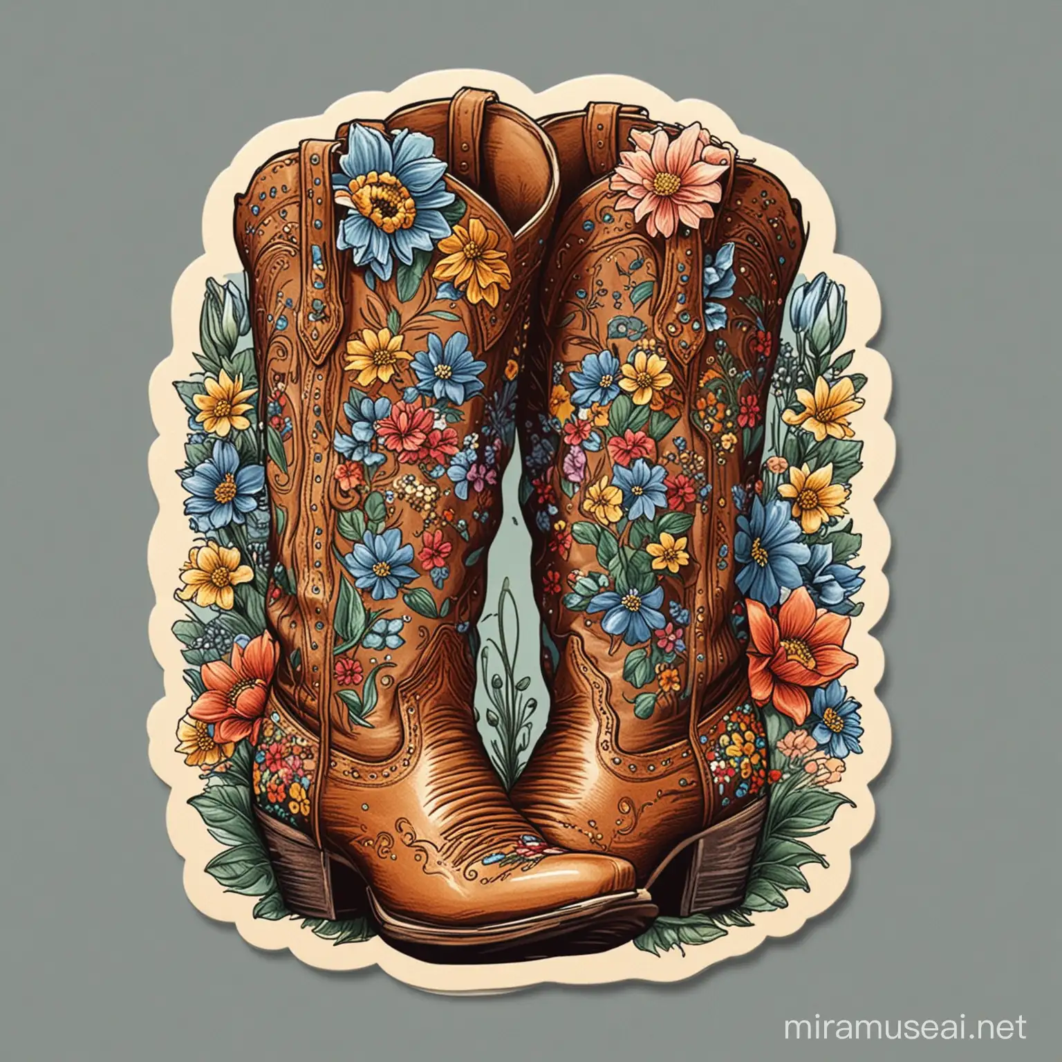 A higher quality illustration sticker of  cowgirl boots decorated with flowers , boots are in center 