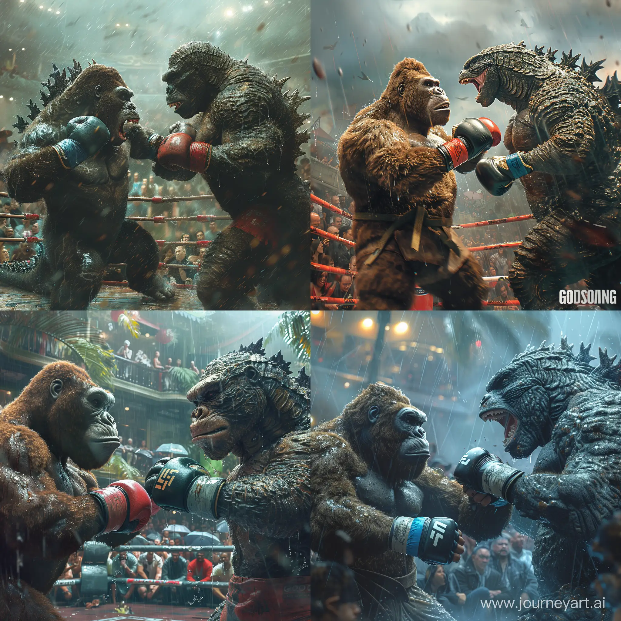 A realistic picture of king kong and godzilla playing mma in the rain, in front of an s udience watching the match, with blur in the background, accuracy, focus, and very fine details on fabrics, skin, and skin --stylize 750 --v 6