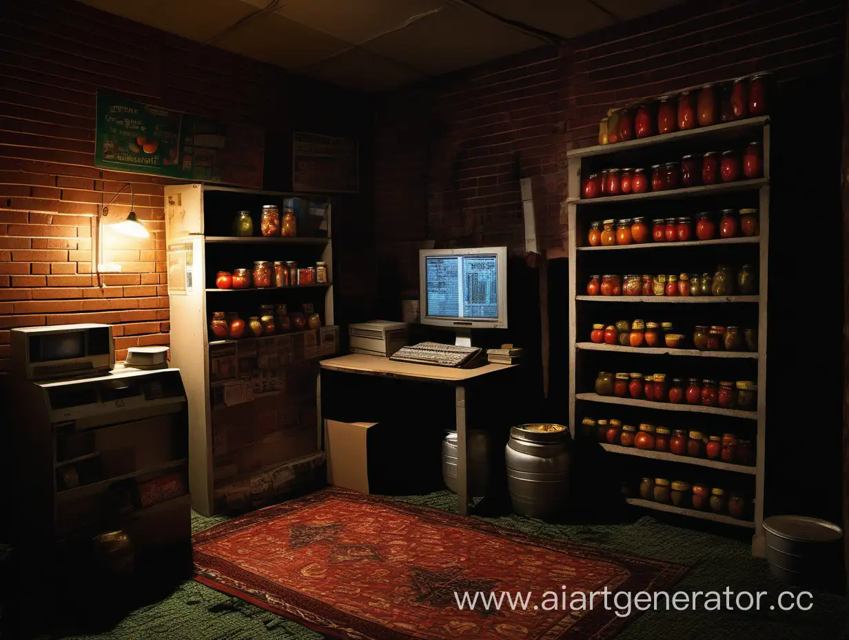 темное помещение с полкам на которых закатки огурцов, помидоров, и компотов стены из кирпича, на стене ковёр на полу ковёр, тумбочка на которой стоит старый компьютер на экране игра