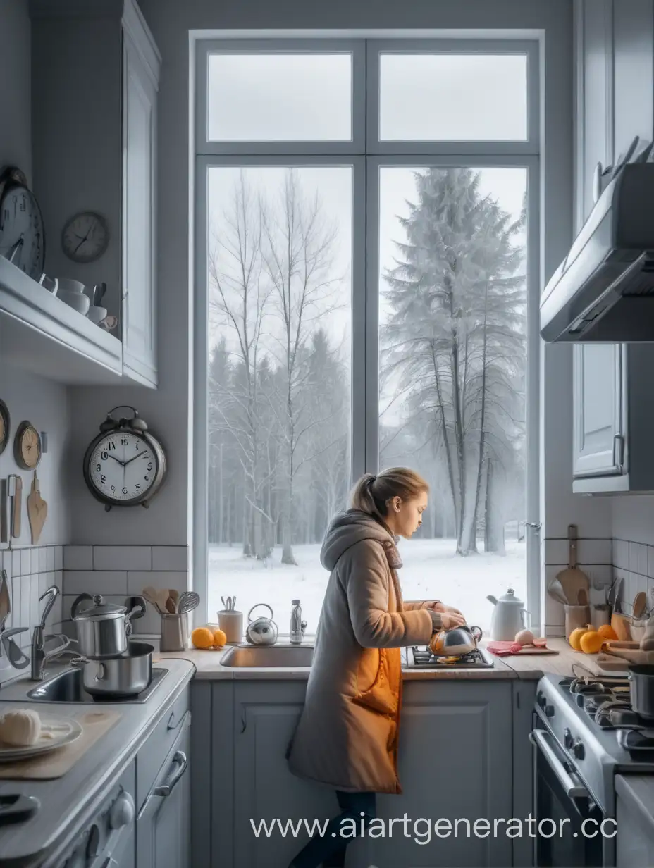 уставшая грустная женщина готовит на кухне, на стене часы. За окном серая зима деревья. Рядом одна бегает дочь.