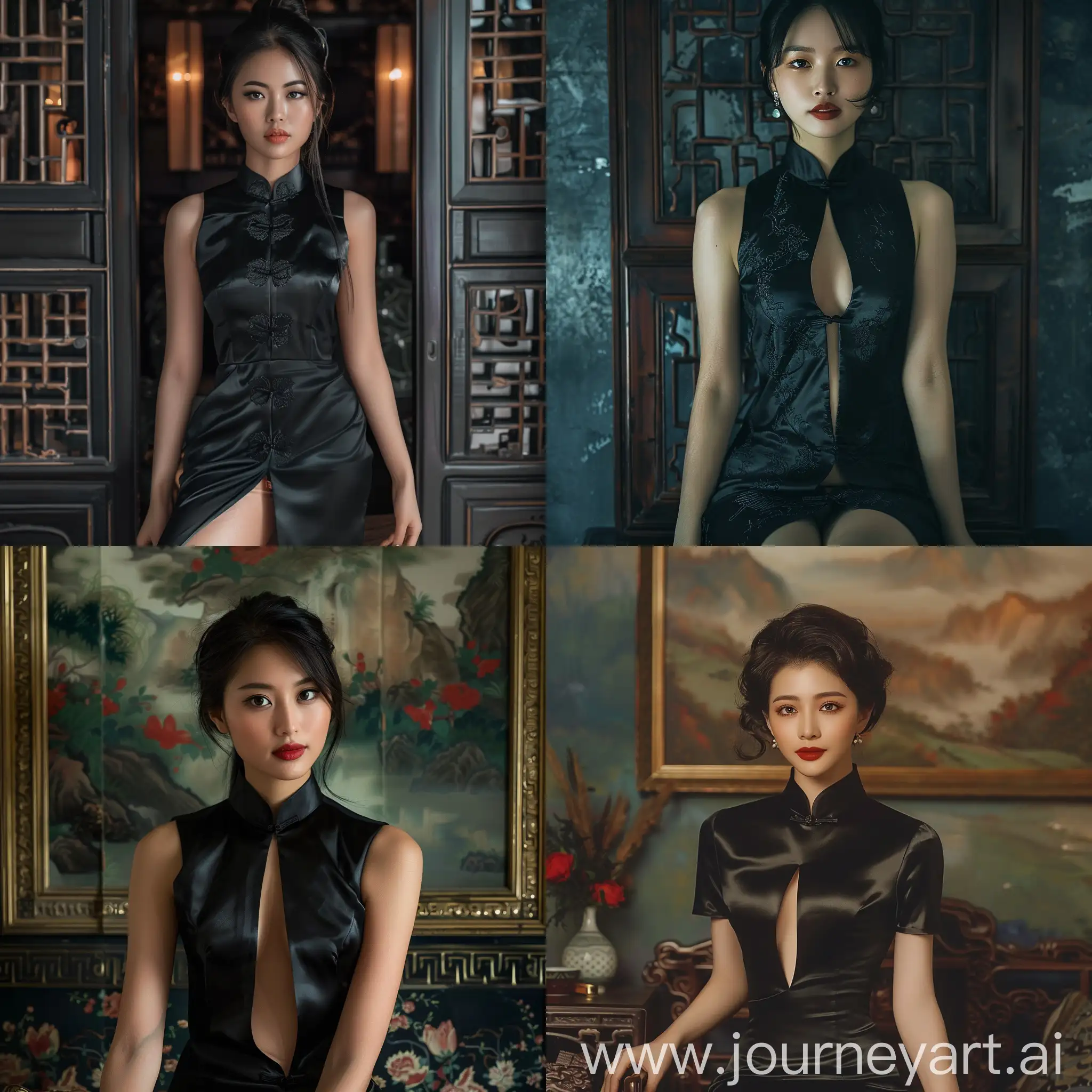 Elegant-Young-Woman-in-Black-Silk-Cheongsam-with-High-Slit