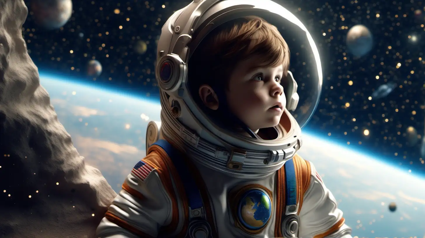 Adorable brown haired boy wearing a space suit, 3d octane render, floating in space and looking out to the distance, beautiful scenery, stars and distant planets, award winning, hypermaximalist, octane render, cinematic lighting, detailed --ar 16:9 --s 750