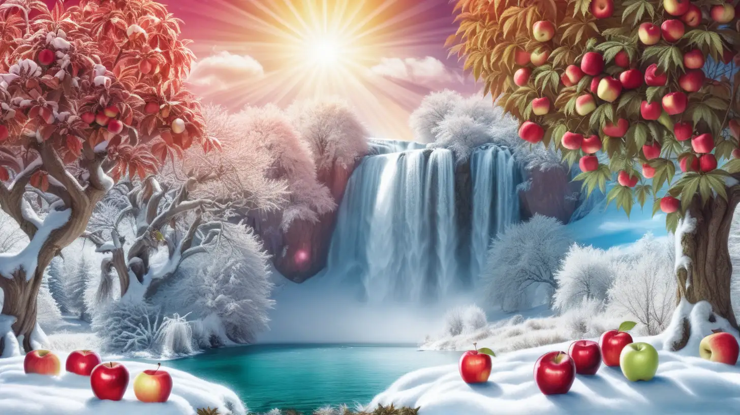 Enchanting Snow White Scene Waterfall Cannabis Field and Apple Tree under Bright Sky