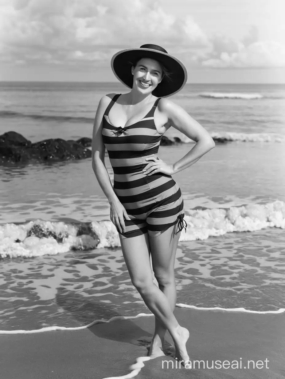 Victorian swimsuit, Caucasian smiling woman 35 years old, with vintage  hat, posing on beach, looking straight to camera