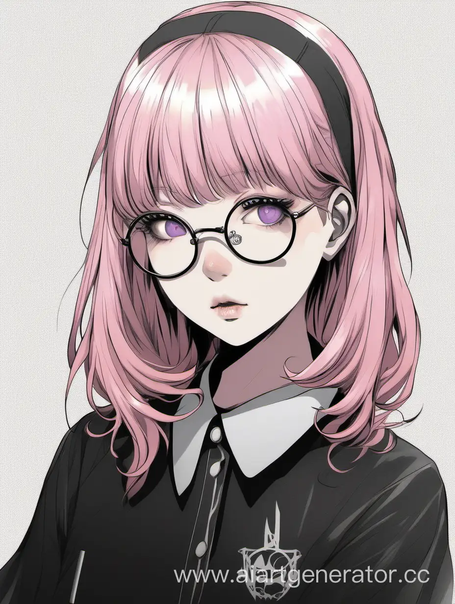 девушка с светло-розовыми волосами по плечи, прямая чёлка, круглые очки, серые глаза, чёрная готическая одежда, сигарета