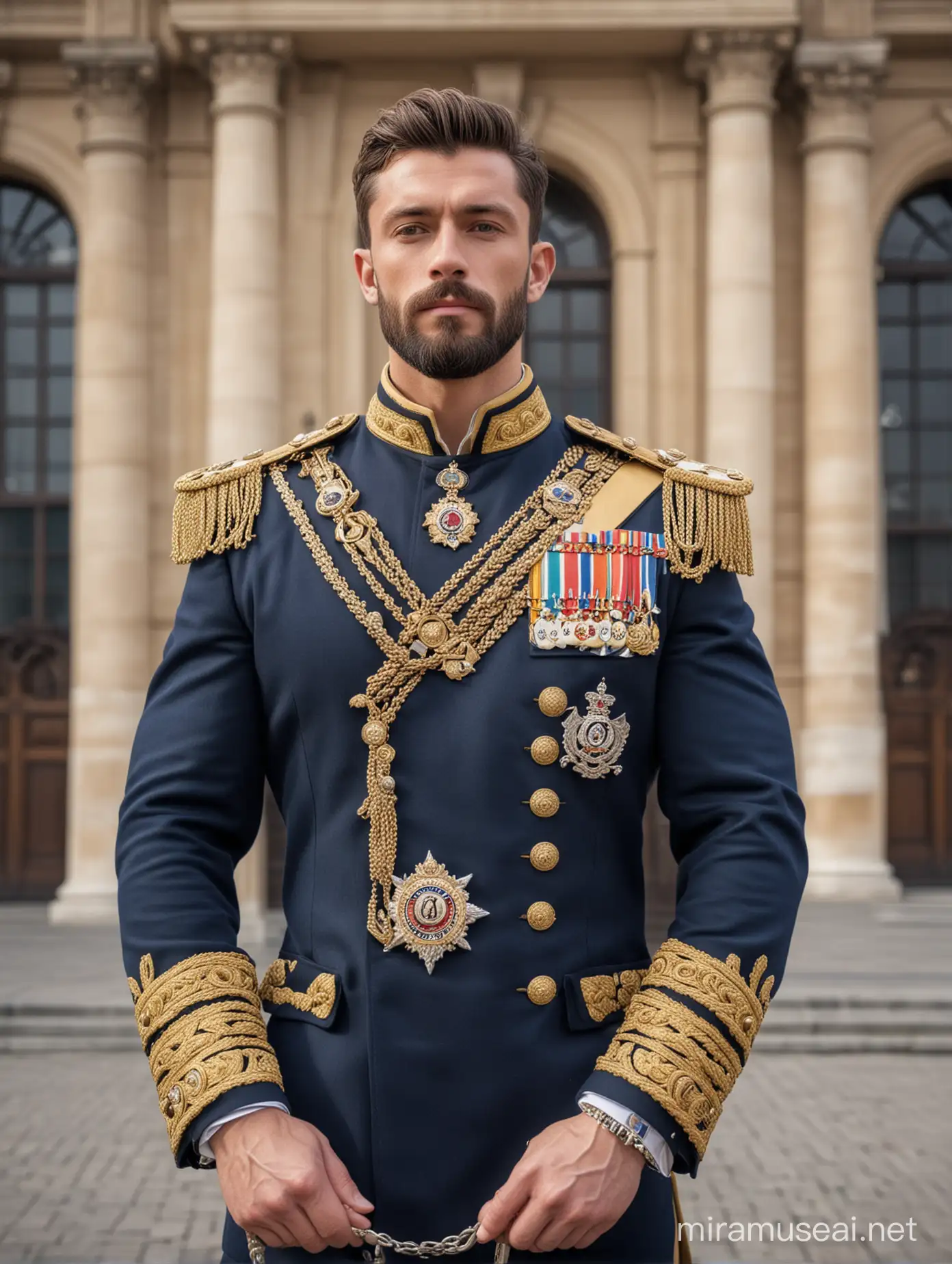 Tall and handsome bodybuilder king with beautiful hairstyle and beard with attractive eyes and Broad shoulder and chest in royal Navy and golden cavalry regiment suit with navy cape, necklace and badges standing outside palace