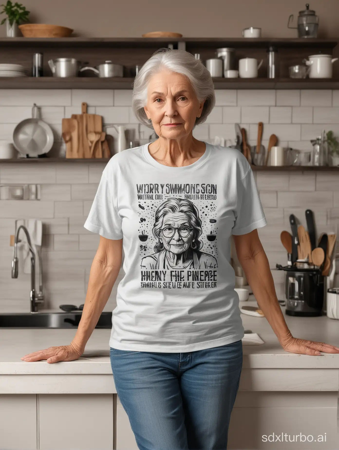 mockup for tshirt design of old women standing in kitchen. the women is facing the camera and stanng in straight way. the tshirt is clean black without any element or design on it
. the idea of the decor behind is for mental health awareness