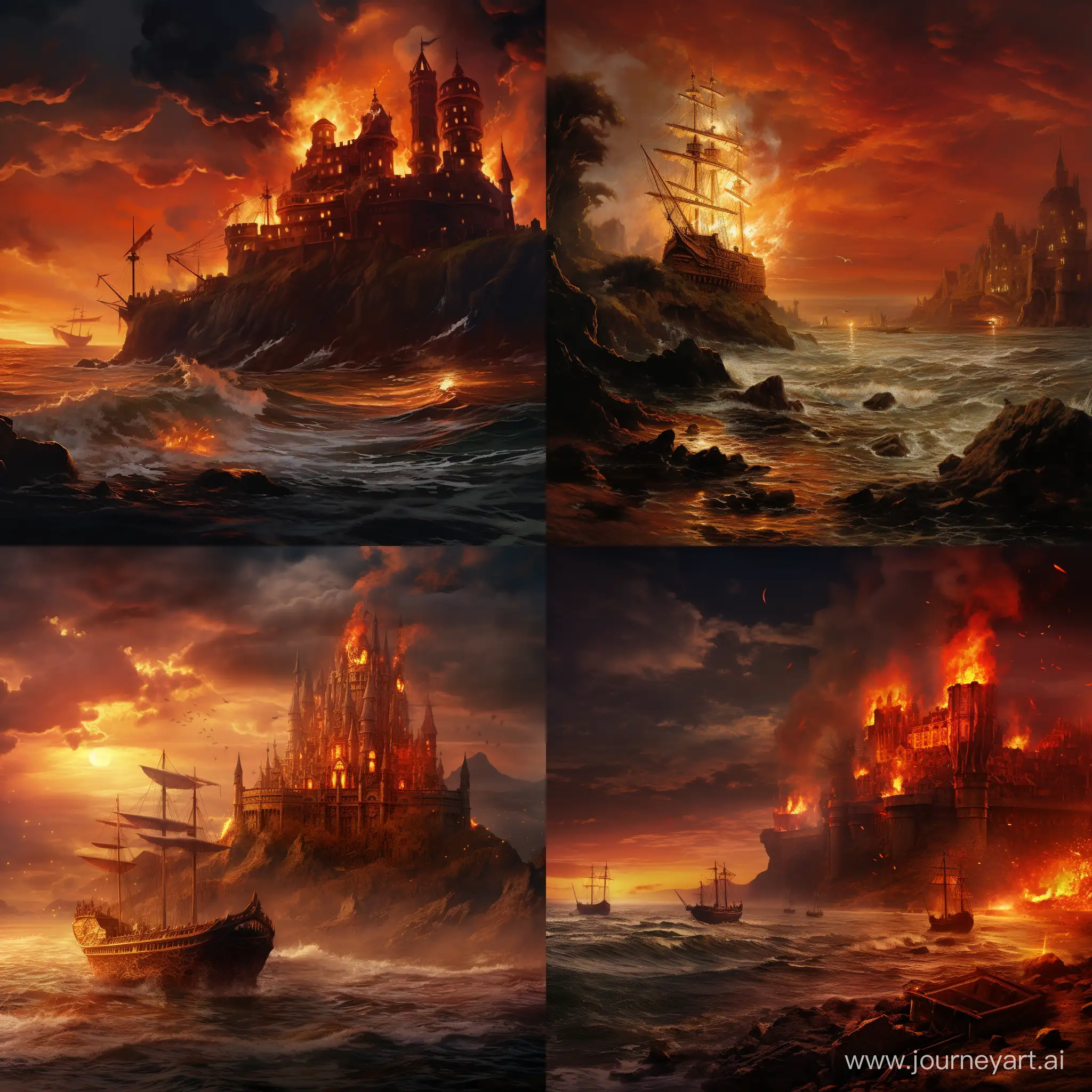 Dramatic-Coastal-Scene-Castle-and-Ship-Ablaze