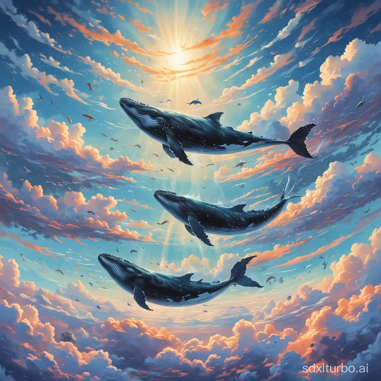 Whales swim in the sky