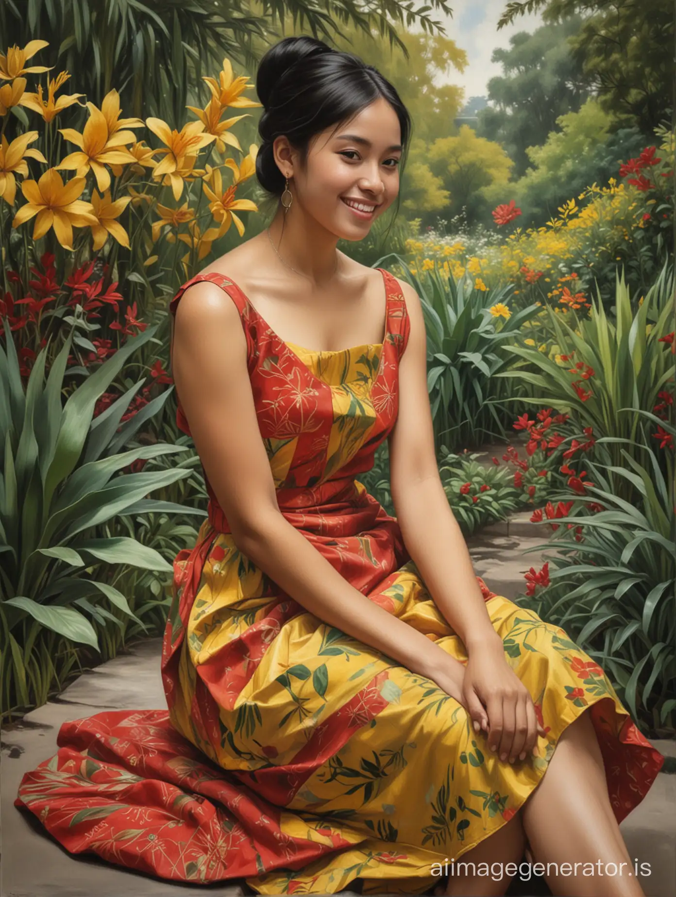 degas Oil painting styled trendy smiling, featuring a young nude Indonesian woman with a round face, straight black hair cascading, wearing a red geometric dress, sitting in a yellow & green botanical garden, with dark academic decoration, dark cottagecore, gloomy aesthetic, magical realism, dark earthy colors, charcoal grey