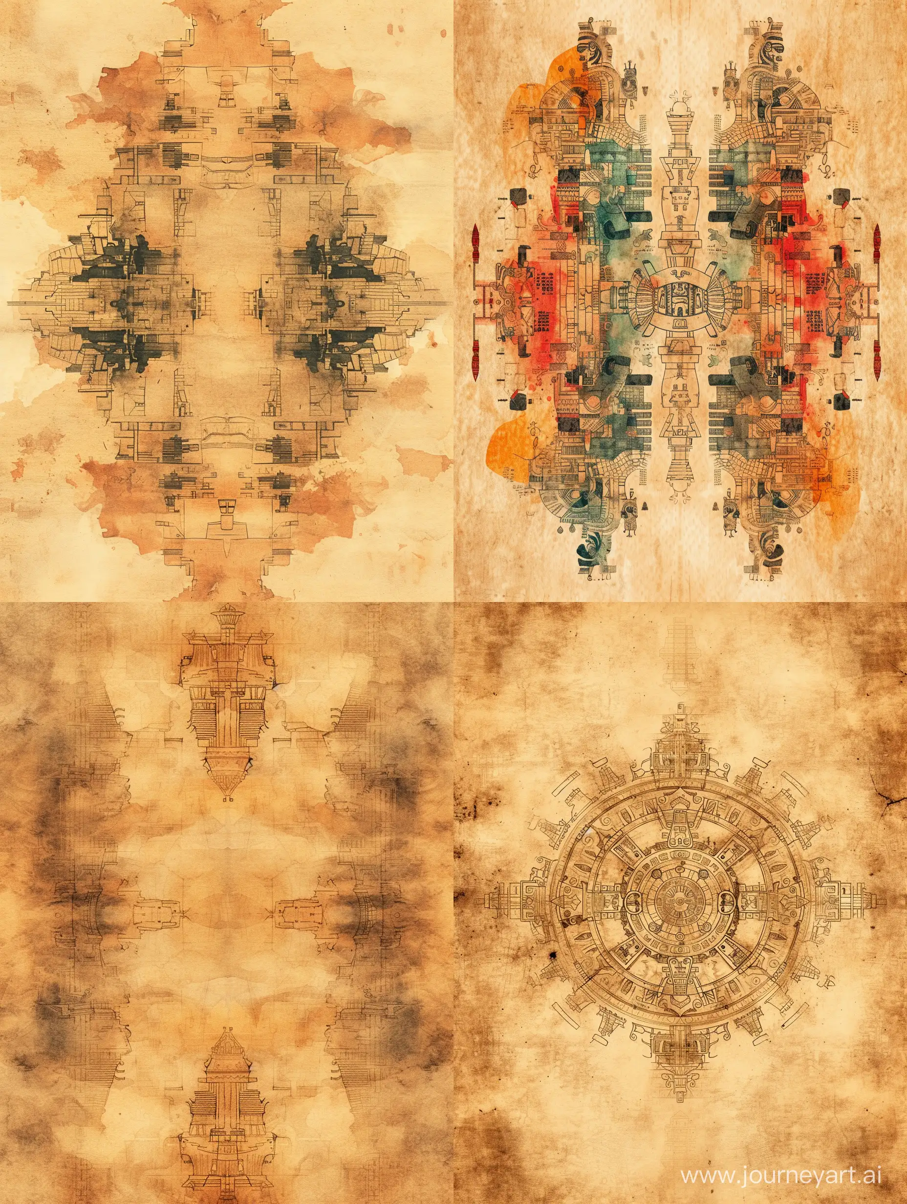 Symmetrical texture of ancient paper, barely visible elements of ancient Aztec, Chinese, Roman, Egyptian cities, stylized caricature, watercolor, decorative, flat drawing --v 6 --ar 3:4 --no 73208