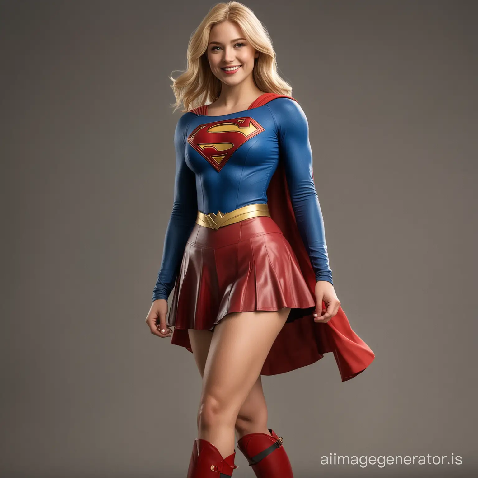 Most happiness-inducing image that includes Supergirl. Her perfect smile is conveying joy, eternal love and acceptance for the viewer. She has voluminous bossom, wide hips, slim waist, red boots and skirt, perfect blond hair. She is around 27 years old. The image is in the style of modern realistic DC comics.
