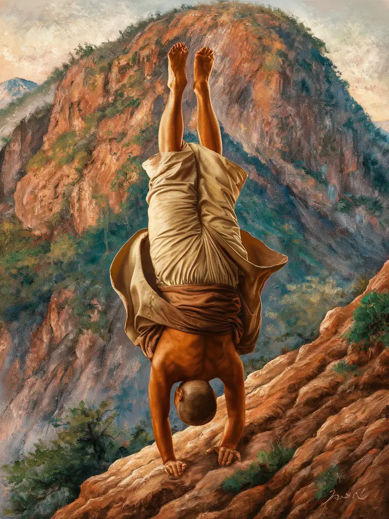 Vibrant Realistic Oil Painting of Tibetan Monk Performing Handstand on Mountain