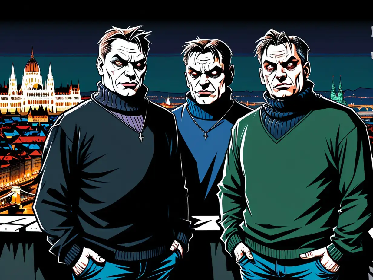 imagine Robert Fico with Viktor Orban hideous vampires in a turtleneck sweater. city of Budapest at night background. line drawn in the style of Mike Mignola depicting Robert Fico with Viktor Orban as two serious villain