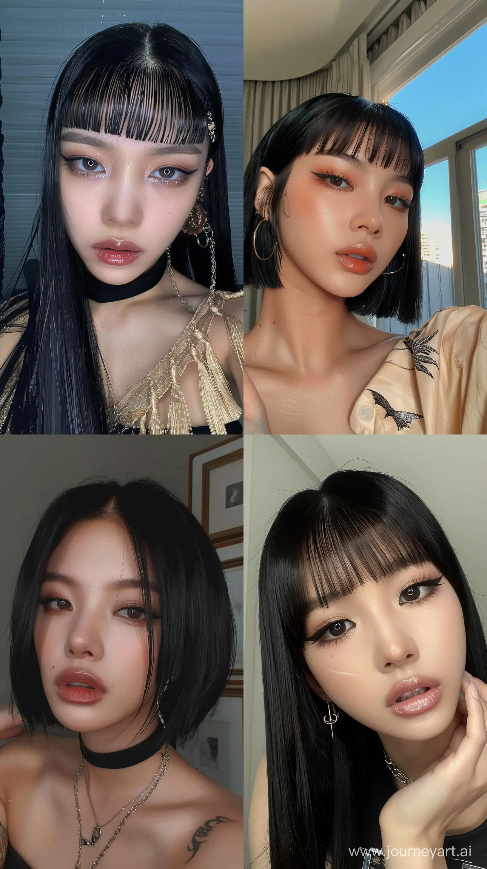 a instagram selfie of blackpink's jennie with black wolfcut hair , with wide set eyes and aestethic make up --ar 9:16
