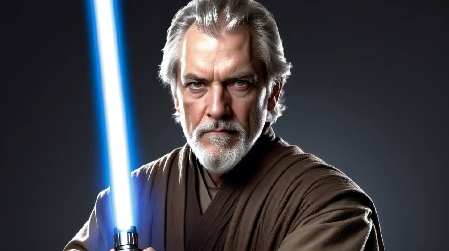 white middle aged human male jedi knight holding a light sabre with grey hair and a very short grey beard, set in the star wars universe