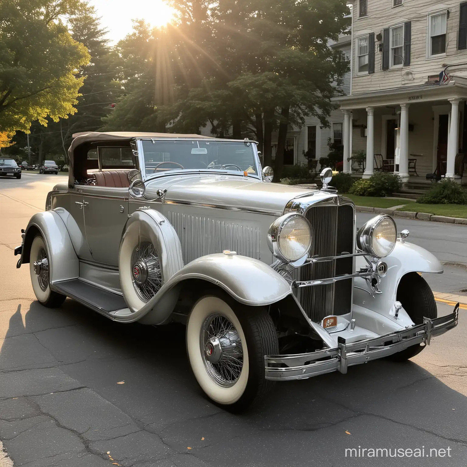 Lincoln KB Convertible 1932, Clásico, color plateado claro, estacionado en una calle de Montpelier Vermont, a las 6 de la tarde, cielo despejado, el sol con su luz incide sobre este coche espectacularmente.