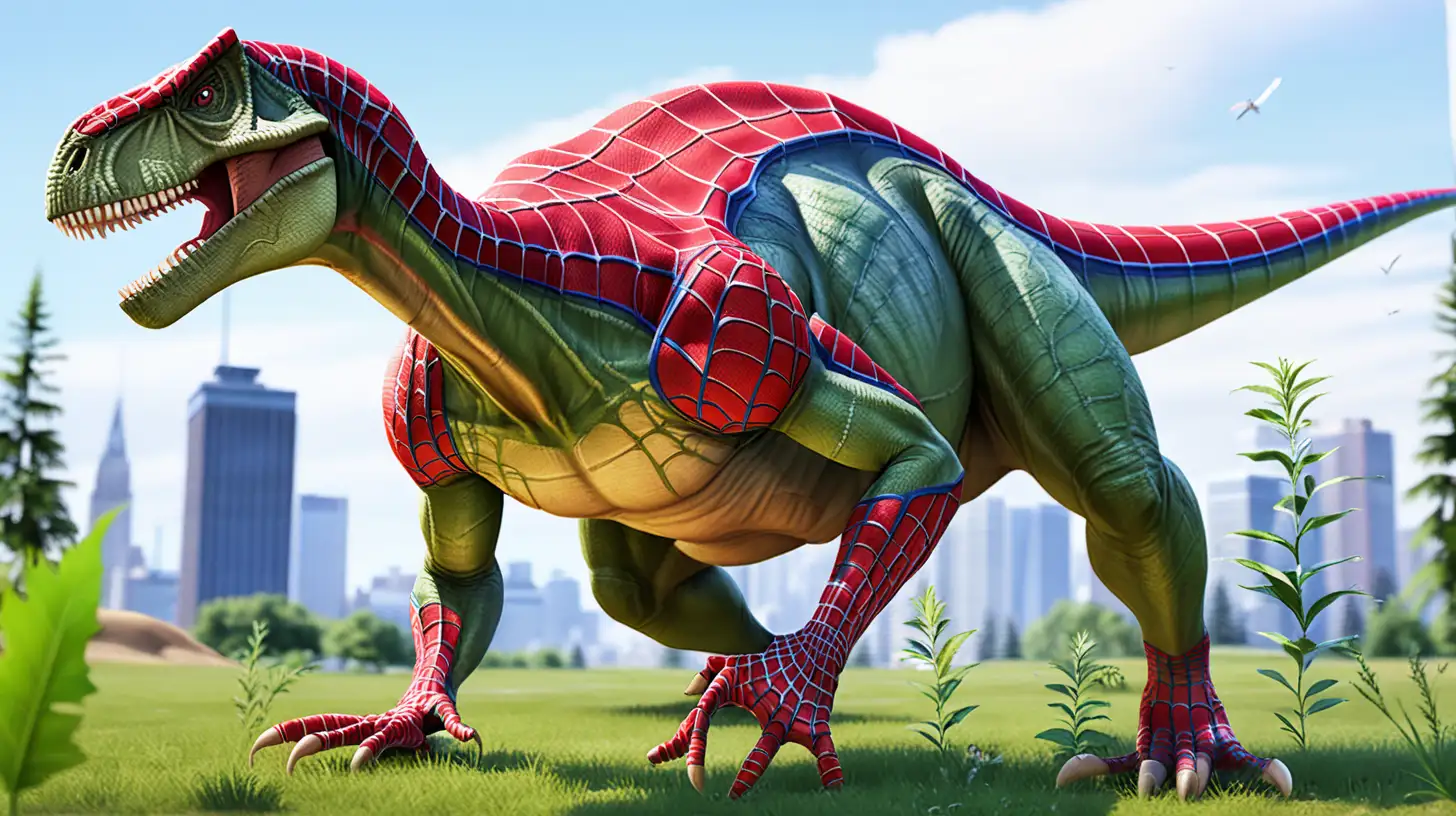 Dinosaur in Spiderman Costume Roaming Meadows