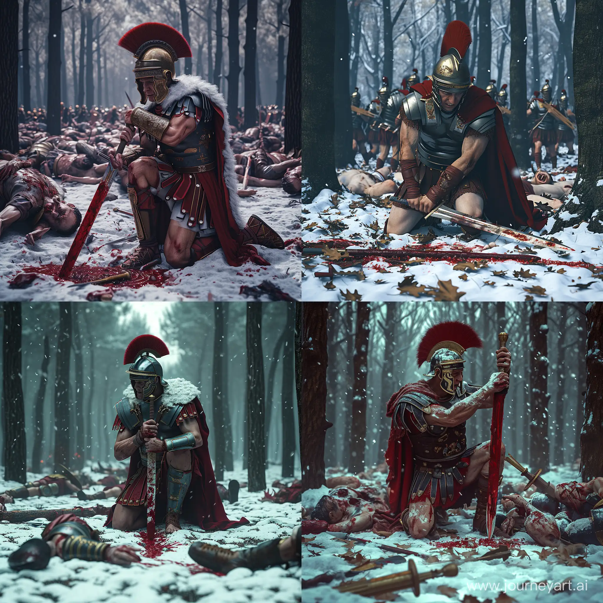 8K, V-Ray, realism, Full length portrait, a Roman legionary from the Roman Empire on his knees in a snowy forest holding a bloody sword with many legionary comrades dead on the ground