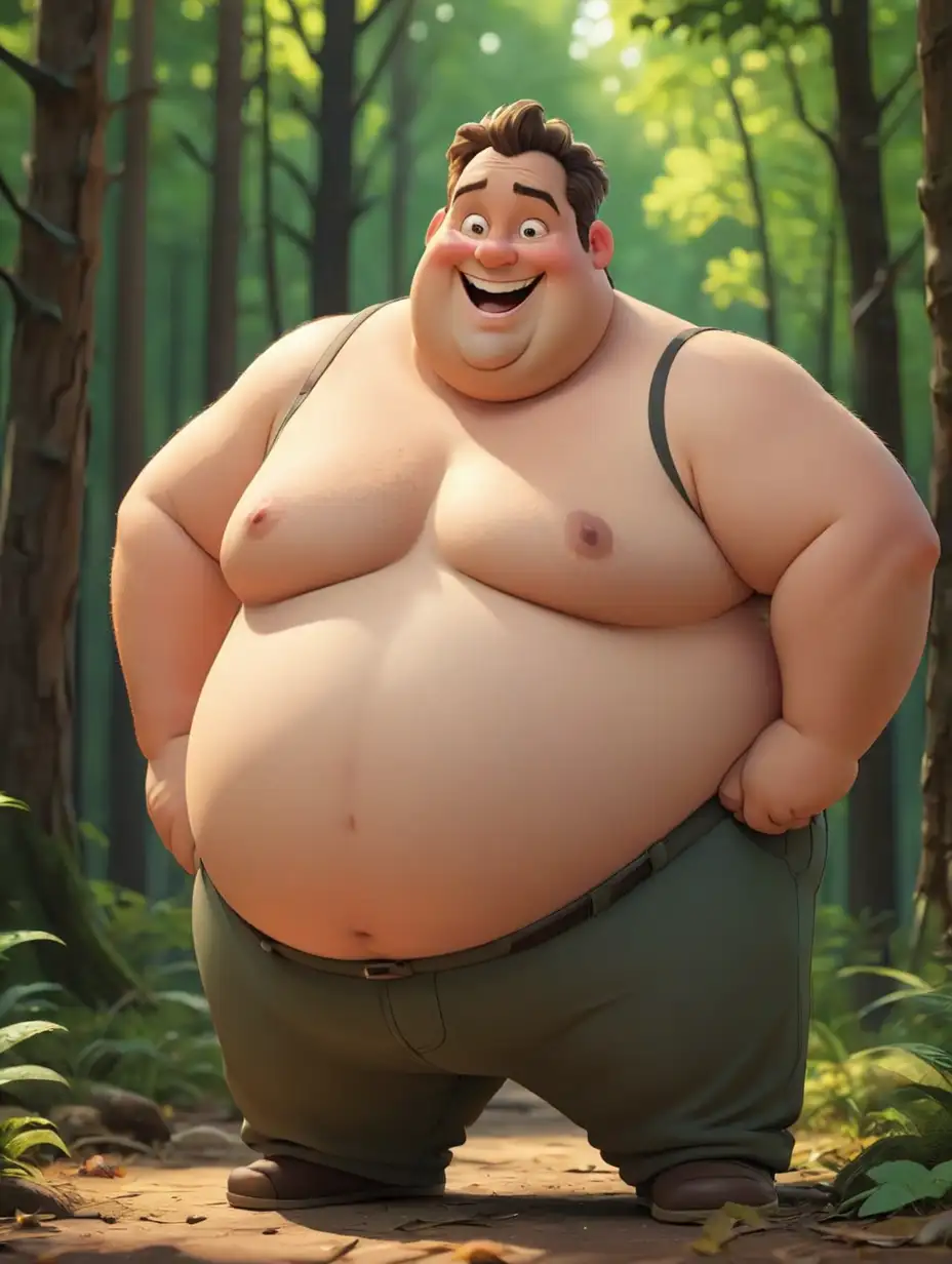 Shy plus sized man in cartoon style with very very big breasts falling on fat stomach, looking at floor, smiling shyly, hair unruly, in front of forest, 4k, vivid colours, dramatic lighting