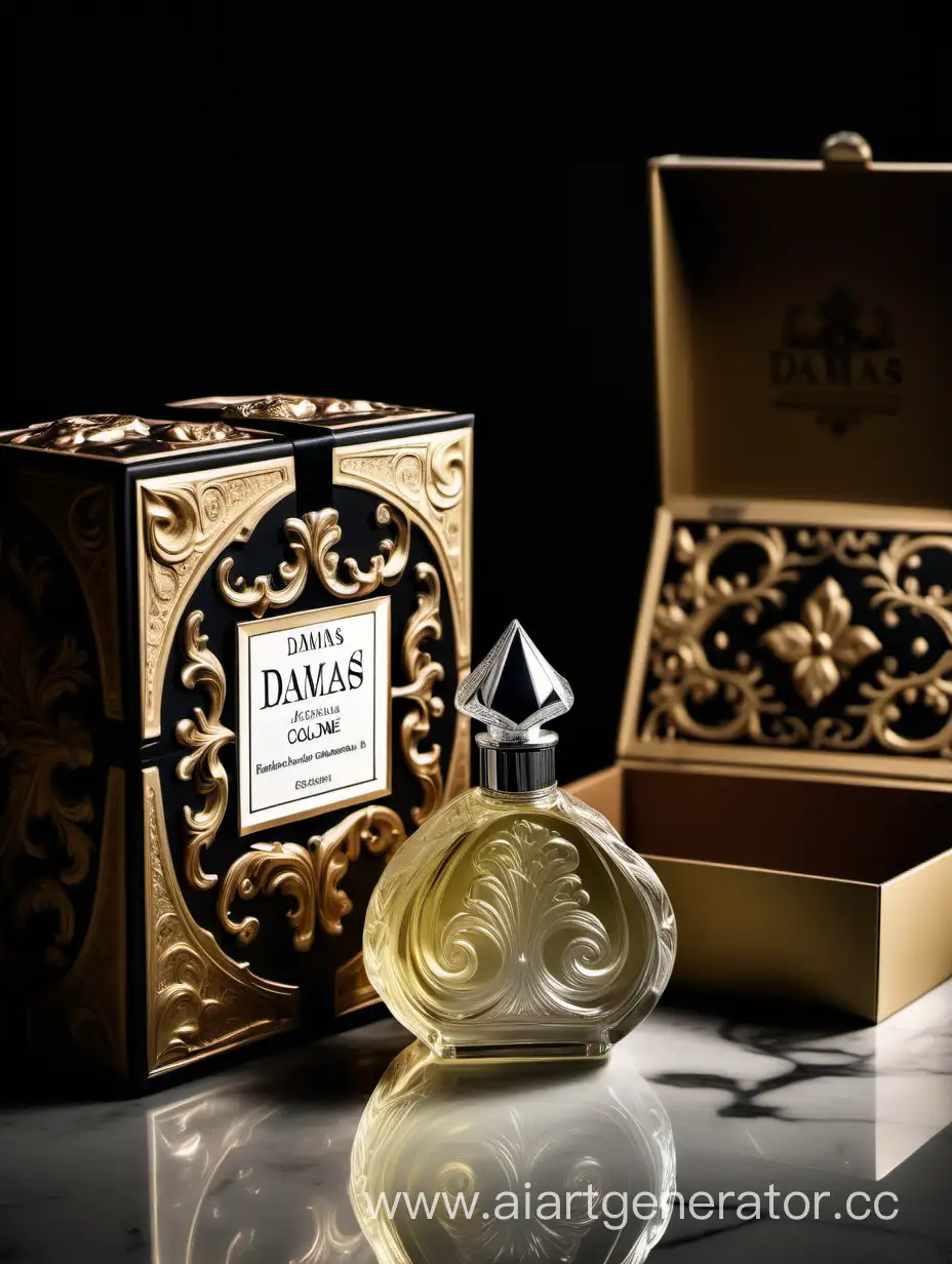 a bottle of damas cologne sitting next to a box, a flemish Baroque by Demetrios Farmakopoulos, instagram contest winner, dau-al-set, dynamic composition, contest winner, feminine