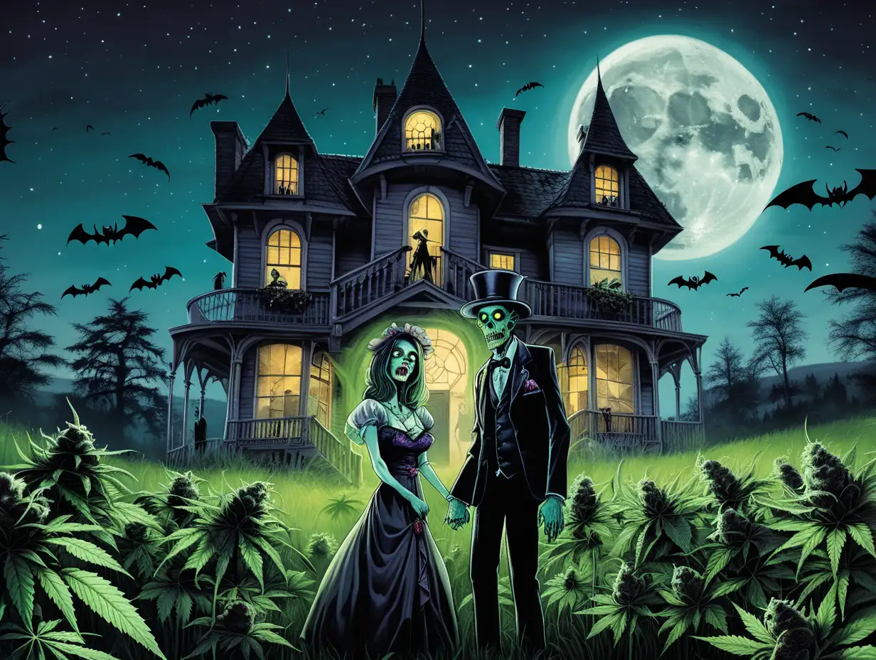 Scary Zombie husband and wife standing in a field of cannabis with a dark scary house on top of the hill with a bright shining moon and bats in the sky






