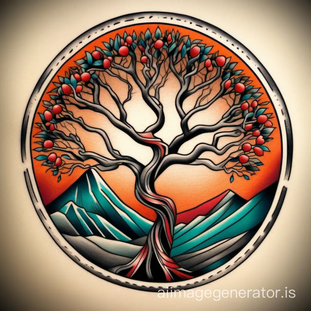 Tattoo Manzanita tree mountain red Grey orange teal side profile beo traditional
