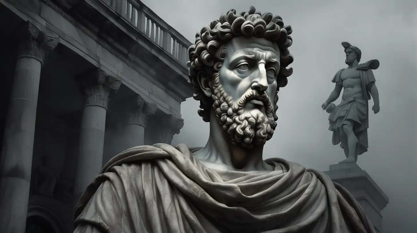 "Create an atmospheric digital painting depicting a half-body statue of Marcus Aurelius outside a dark palace setting. The background should be enveloped in shadows, with a mysterious fog swirling around the statue. Capture the essence of ancient wisdom and stoicism in the dimly lit ambiance, bringing out the details of the statue while maintaining an overall dark and haunting tone."