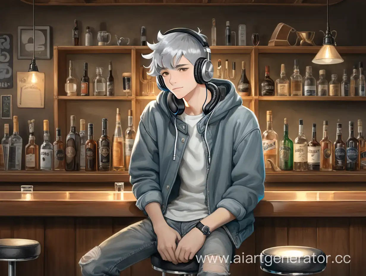 Молодой парень с серыми волосами с наушниками на шее сидит на стуле у барной стойкой