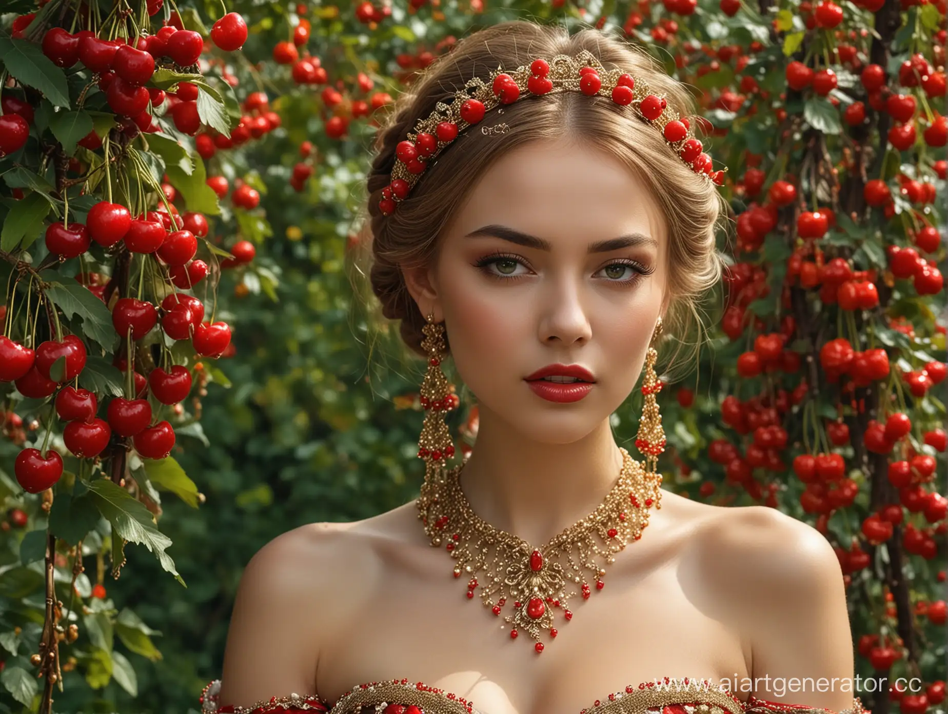 Sensual-Russian-Beauty-in-FairyTale-Cherry-Garden-with-Kokoshnik-and-Gold-Accessories