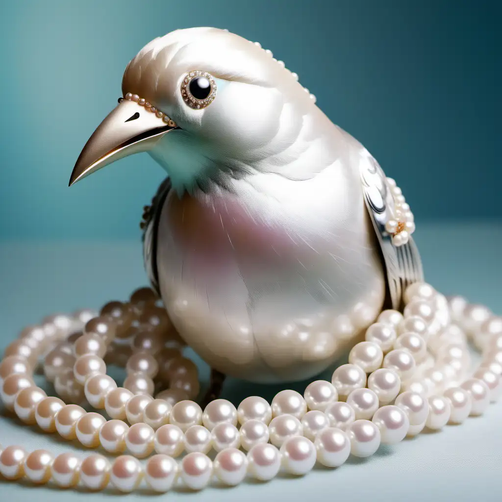 a beautiful  bird  wearing pearl necklaces and with pearls around